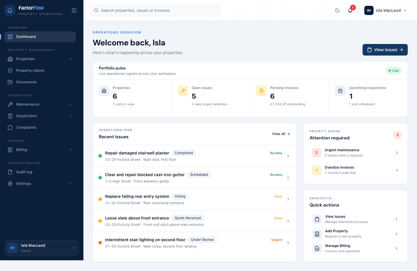 FactorFlow application screenshot showing sample account and dashboard information.