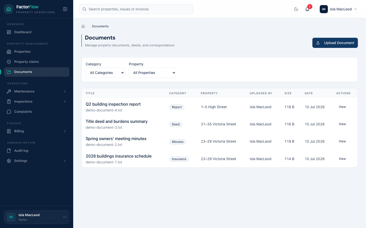 FactorFlow application screenshot showing sample documents.