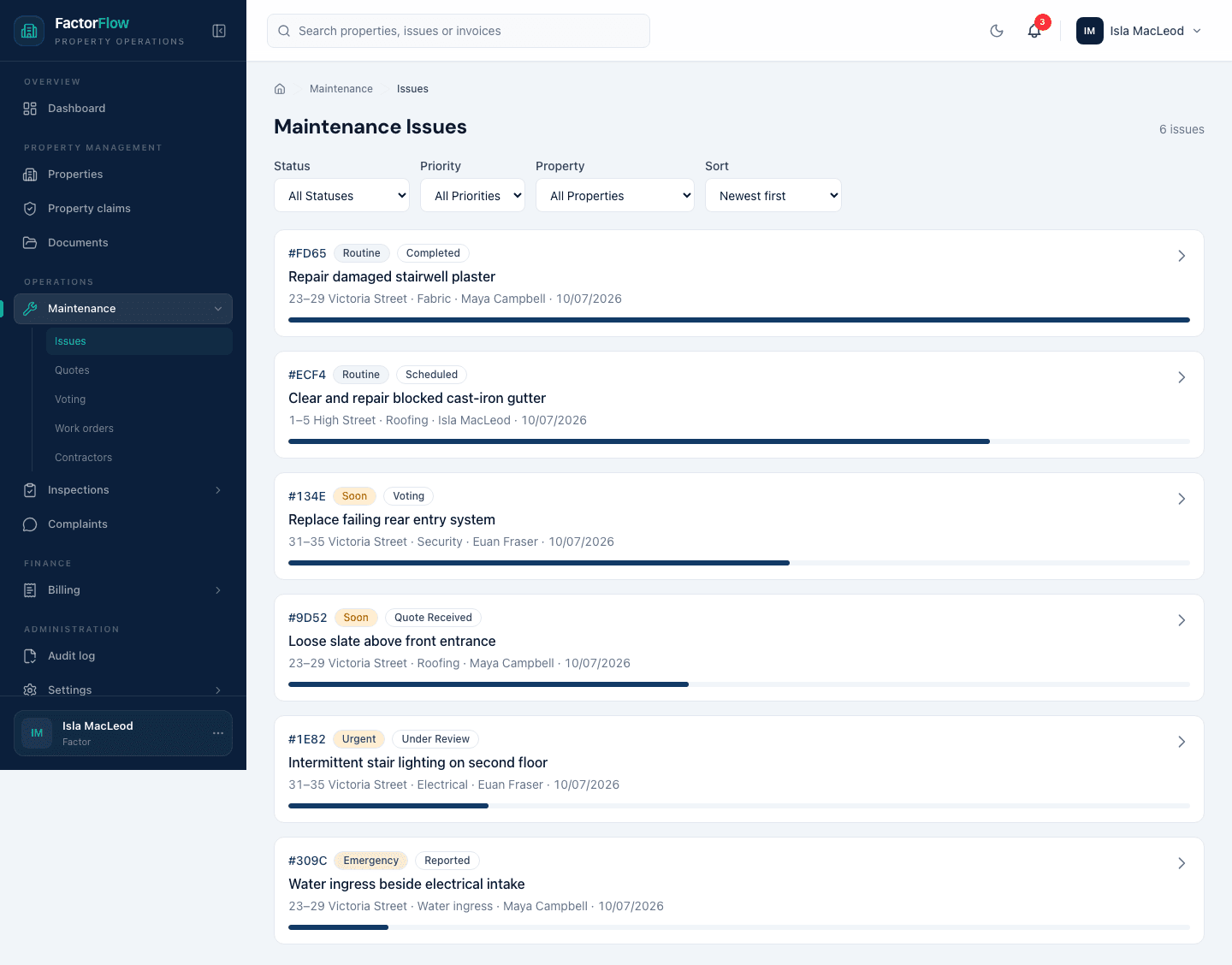FactorFlow application screenshot showing sample maintenance information.